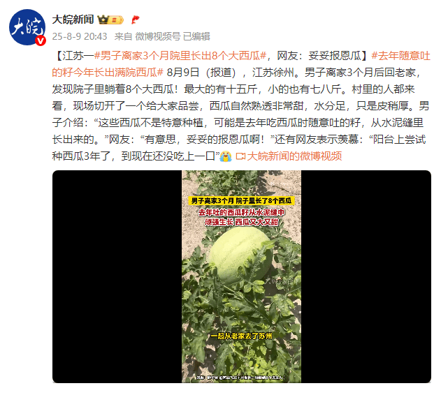 皇冠会员如何申请_江苏一男子离家3个月院里长出8个大西瓜皇冠会员如何申请，网友：妥妥报恩瓜